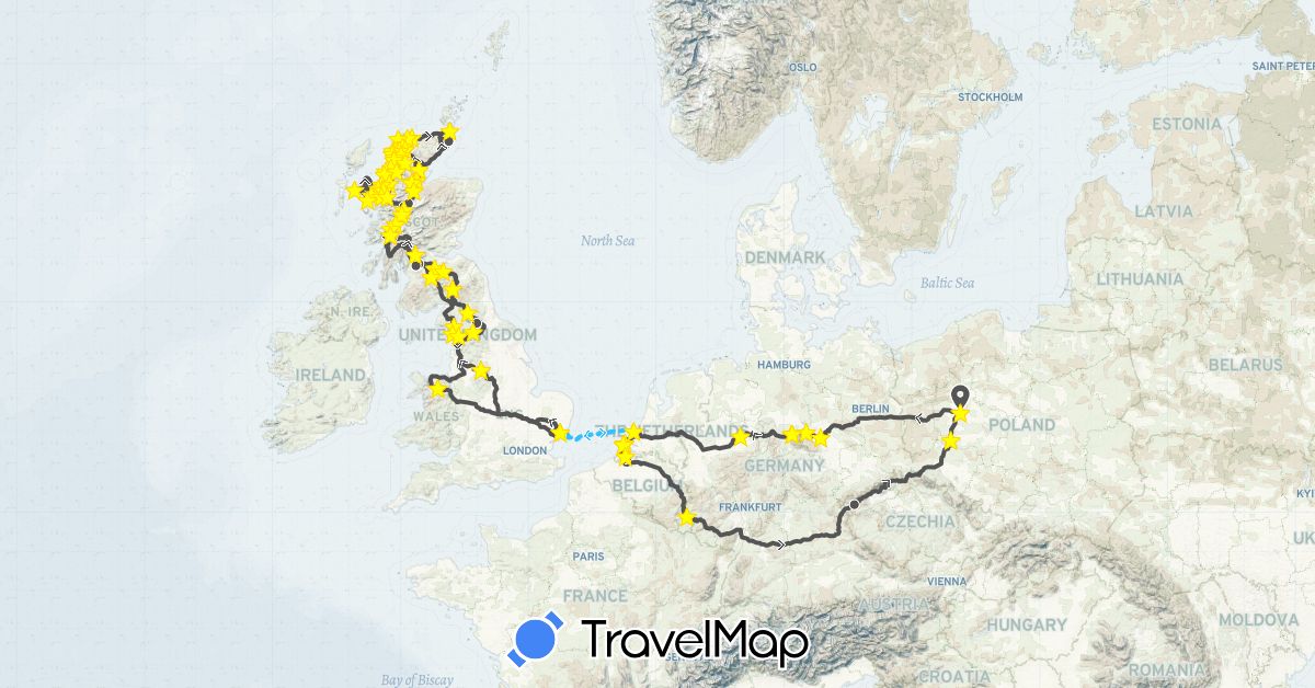 TravelMap itinerary: driving, boat, motorbike in Czech Republic, Germany, United Kingdom, Luxembourg, Netherlands, Poland (Europe)