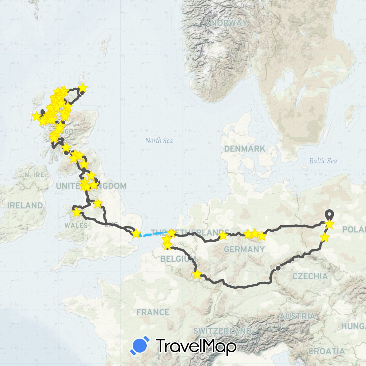 TravelMap itinerary: driving, boat, motorbike in Czech Republic, Germany, United Kingdom, Luxembourg, Netherlands, Poland (Europe)
