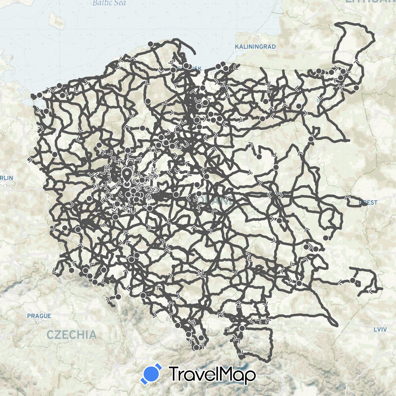 TravelMap itinerary: driving, motorbike in Czech Republic, Poland (Europe)