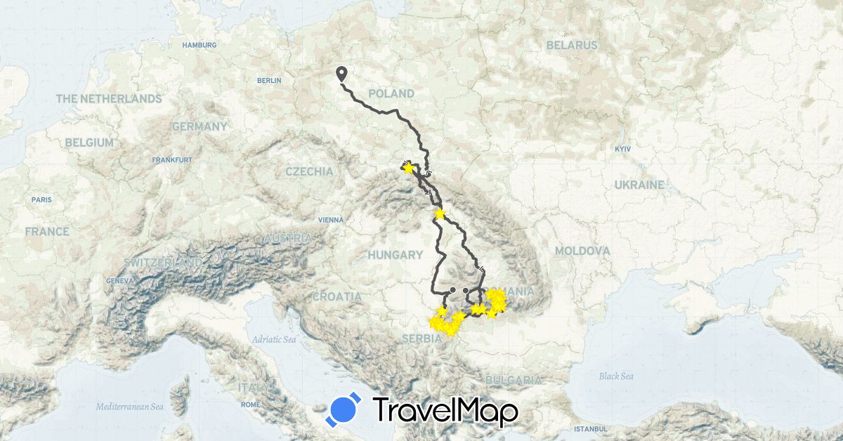 TravelMap itinerary: driving, train, hiking, motorbike in Poland, Romania, Slovakia (Europe)