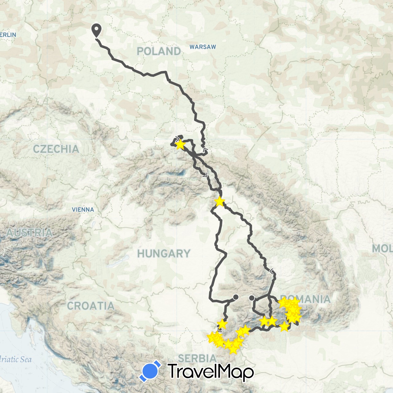 TravelMap itinerary: driving, train, hiking, motorbike in Poland, Romania, Slovakia (Europe)