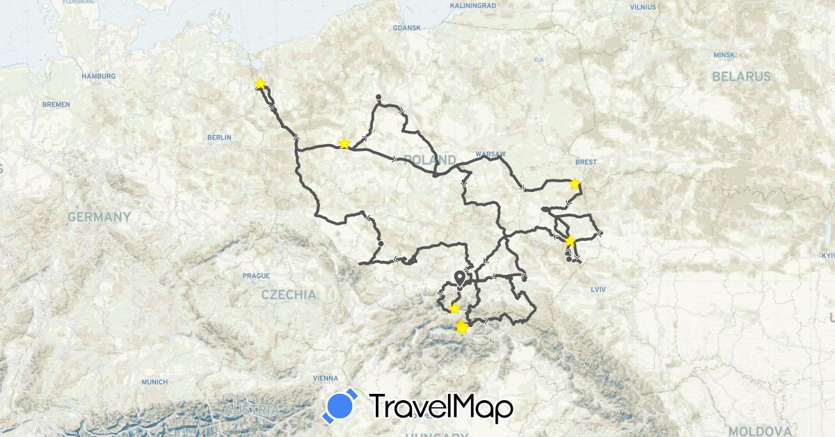 TravelMap itinerary: driving, hiking, motorbike in Poland, Slovakia (Europe)