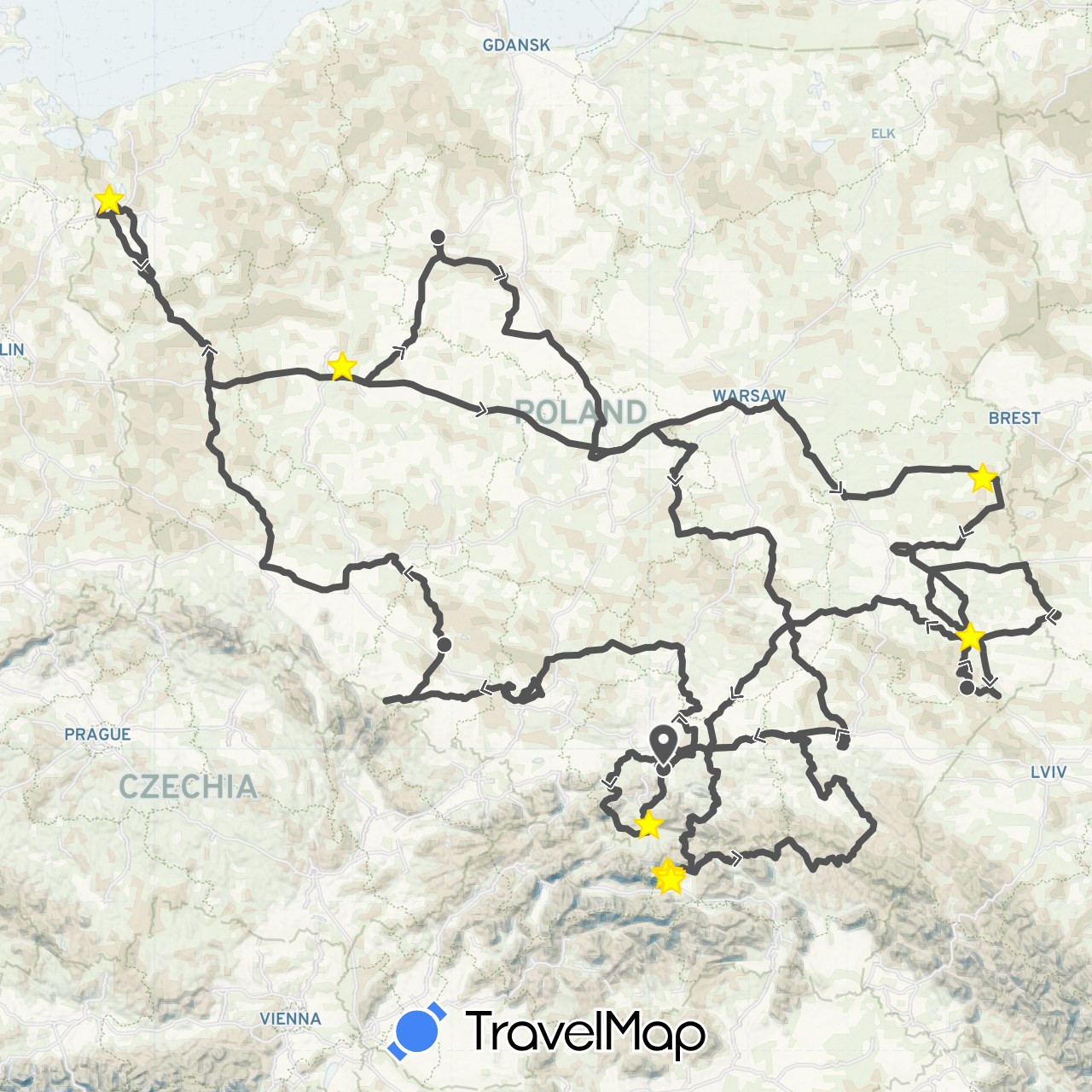 TravelMap itinerary: driving, hiking, motorbike in Poland, Slovakia (Europe)