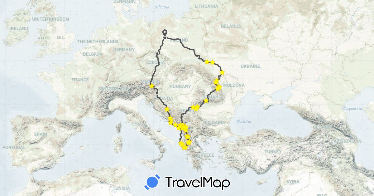 TravelMap itinerary: driving, motorbike in Albania, Austria, Bosnia and Herzegovina, Czech Republic, Greece, Croatia, Montenegro, Macedonia, Poland, Romania, Serbia, Slovenia, Ukraine (Europe)