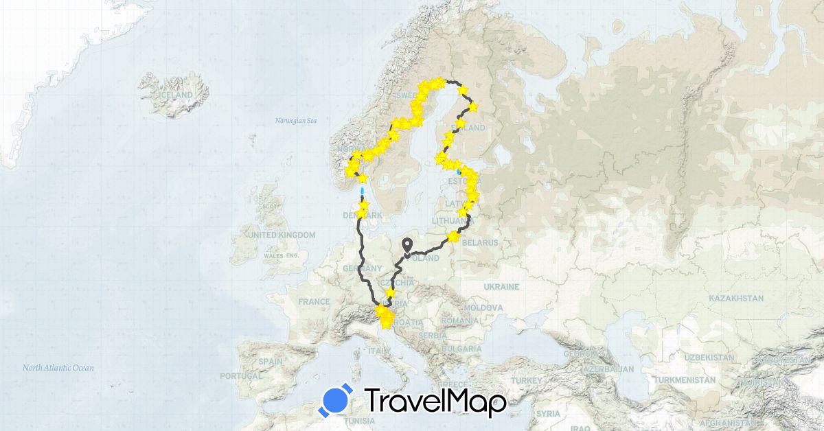 TravelMap itinerary: driving, hiking, boat, motorbike in Austria, Czech Republic, Germany, Denmark, Estonia, Finland, Italy, Lithuania, Latvia, Norway, Poland, Sweden, Slovenia (Europe)